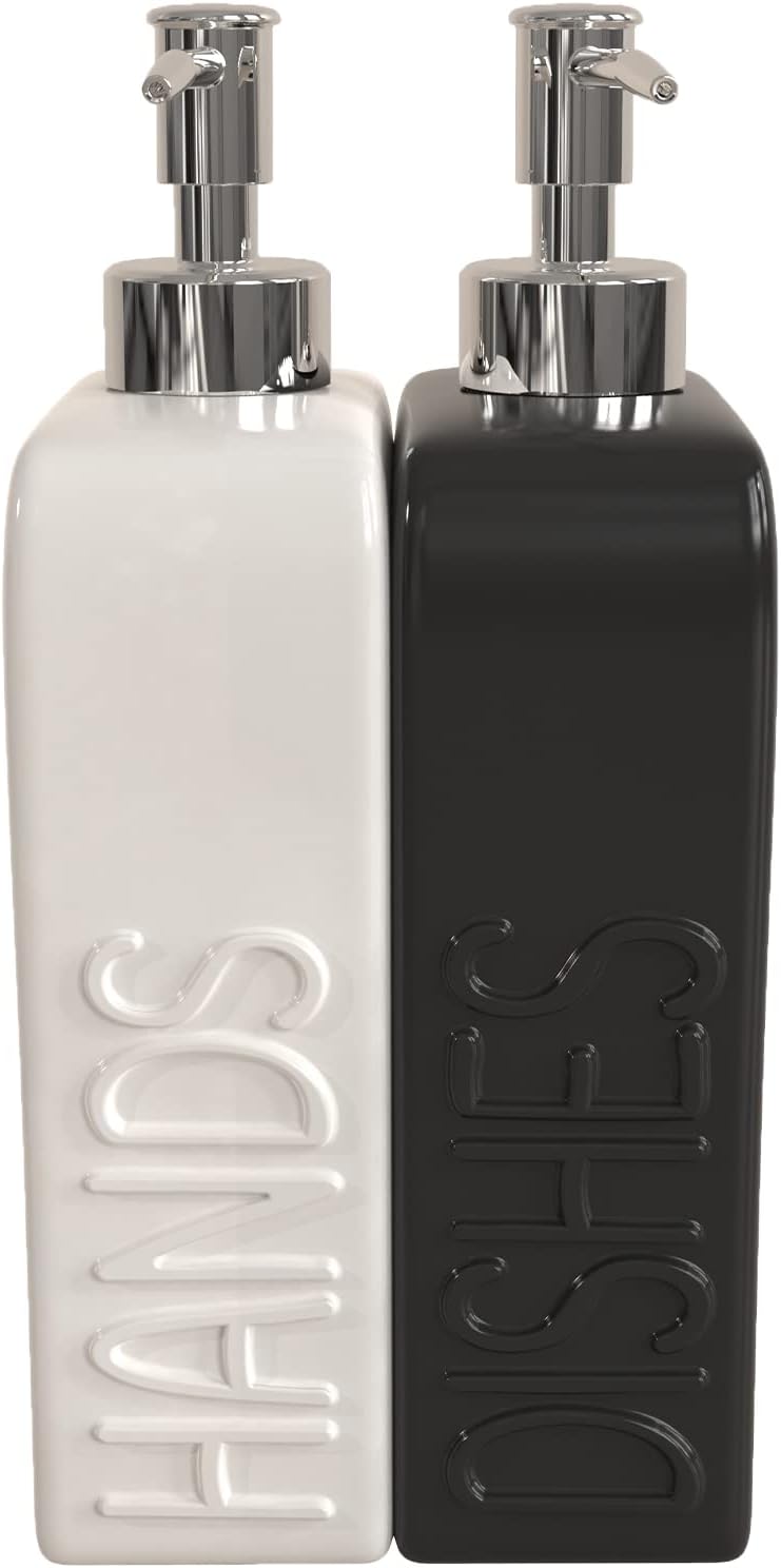 Soap Dispenser Set with Stainless Steel Pump, 2 Pack Ceramic Refillable Dish Soap and Hand Soap Dispenser for Kitchen, Bathroom, Matte White