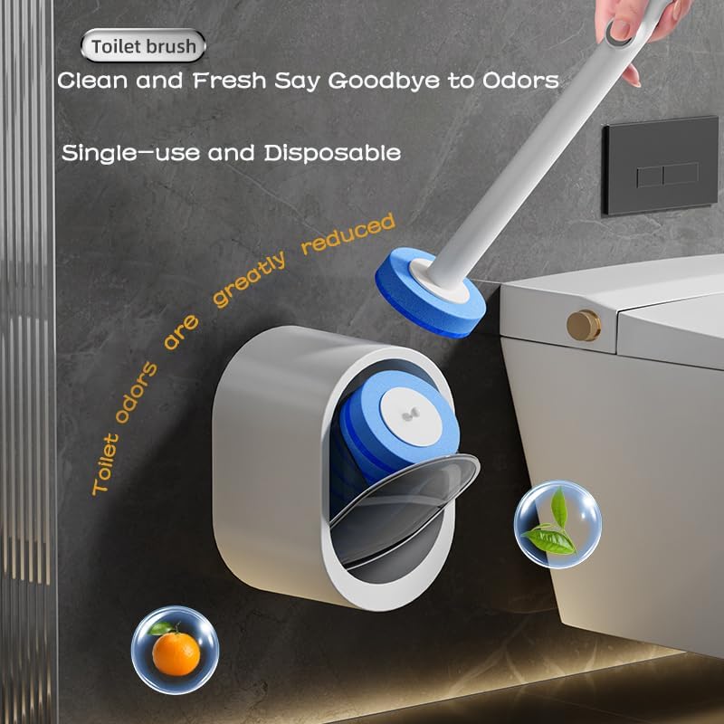 Disposable Toilet Brush with 40 Refill Heads and Holder– Includes Storage Caddy&Toilet Bowl Wand, Wall-Mount Scrubbing Toilet Brush Bathroom Cleaning Kit (1 Wand+40 Refills)
