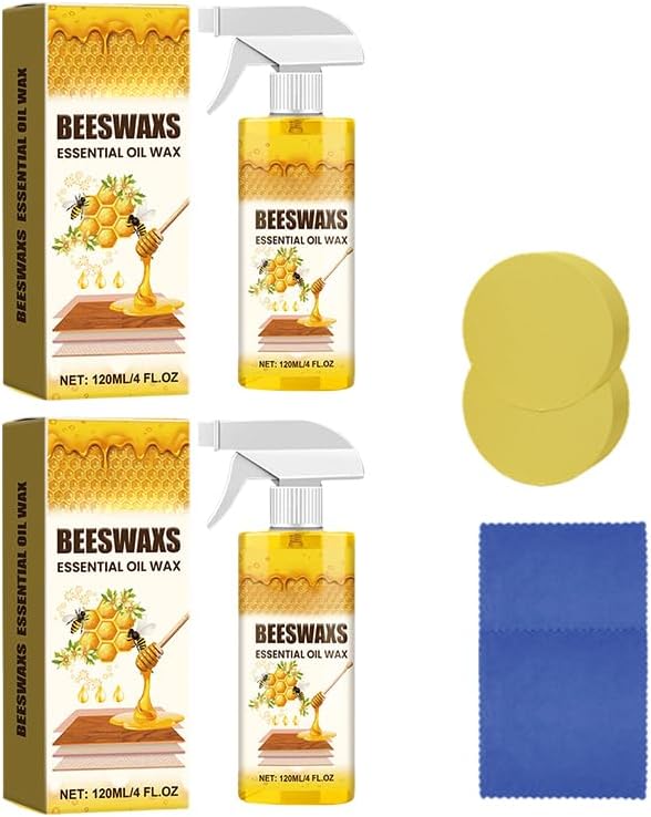 Beeswax Spray for Wood, Bees Wax Furniture Polish and Cleaner with Sponge and Towel, Natural Beeswax Cleaner for Furniture Floors Cabinets, Wood Care for Shine and Protection (4oz 1pc)