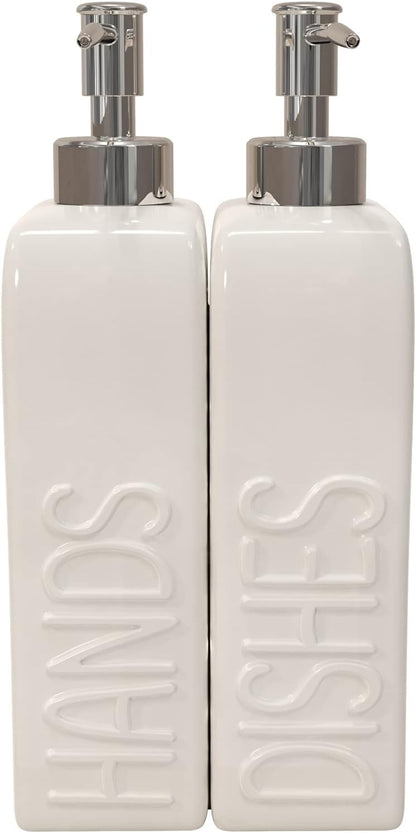 Soap Dispenser Set with Stainless Steel Pump, 2 Pack Ceramic Refillable Dish Soap and Hand Soap Dispenser for Kitchen, Bathroom, Matte White