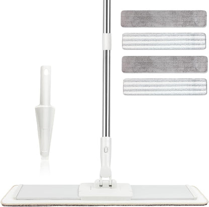 CQT Commercial Flat Microfiber Floor Mop Cleaning System 20" Inch Wet Dry and Dust Hardwood with 4 Washable Pads Cleaner for Laminate Tile Stainless Steel Handle and Extension (White)