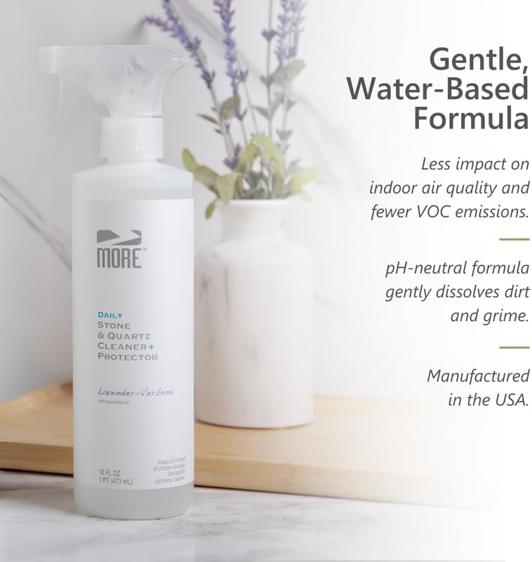 MORE Stone & Quartz Cleaner + Protector - Water-Based Surface Spray - Granite, Quartz & Marble Cleaner - For Kitchen & Bathroom Countertops & Floors - Peppermint-Thyme Essential Oil - Pint (16oz)
