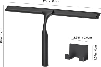 Shower Squeegee for Glass Doors, Shower Squeegee for Tile Shower Walls, Stainless Steel Squeegee for Bathroom, Windows and Mirrors with Storage Hook-12”, Black