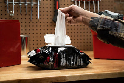 Venom Steel Workshop Wipes with Scrubbing Beads, for Grease, Grime, Oil, Paint and Caulk, Safe on Hands, Tools, and Non Porous Surfaces, Light Citrus Scent, 8" x 12" Cloths, 60 Wipes