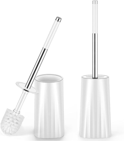 Toilet Brush and Holder Set, Compact Toilet Bowl Brush with Stainless Steel Handle, Hard Bristles, Drip-Proof, Easy to Assemble, Deep Cleaning White