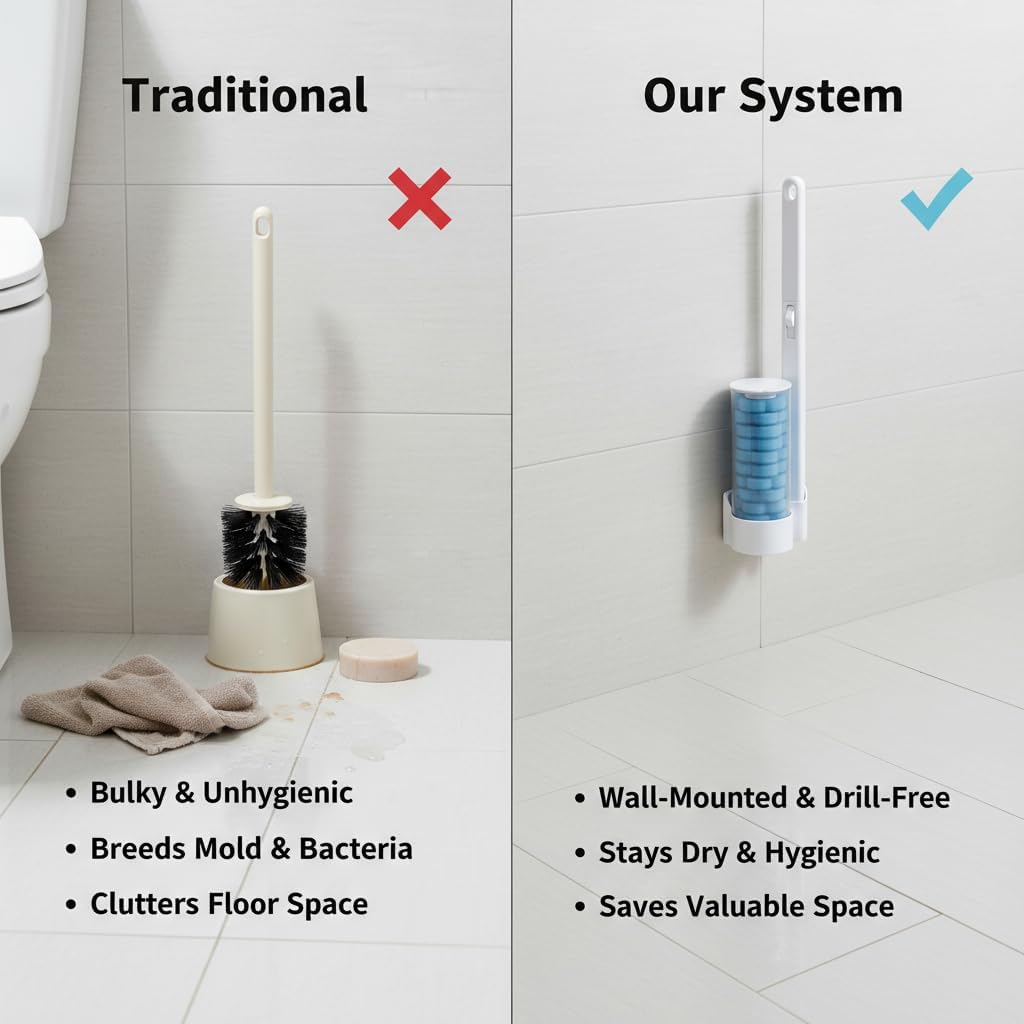 Disposable Toilet Brush for Bathroom Cleaning, Toilet Brush and Holder Set, Deep Cleaning Toilet Bowl Cleaner with Replaceable Heads, Hygienic Storage Design (White -Full Set with 24 Refills)