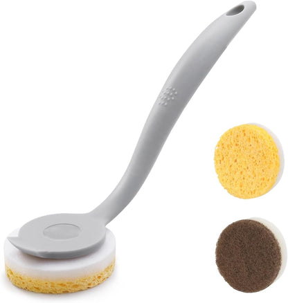 DrDirt Dish Sponge with Handle | Multipurpose 2 Round Wood Pulp Dish Sponges & 1 Scouring Pad Kitchen Sponge | Non-Scratch Scrub Sponges for Dishes, Pans, Pots & Sink Cleaning