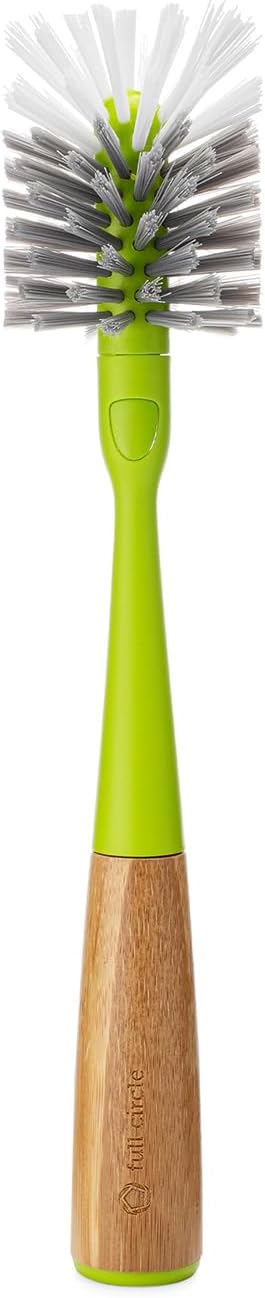Full Circle Clean Reach - Bamboo Long Handle Bottle & Mug Brush with Replaceable Head, for Deep Cleaning Water Bottles, Baby Bottles, Glasses, and Tumblers, White