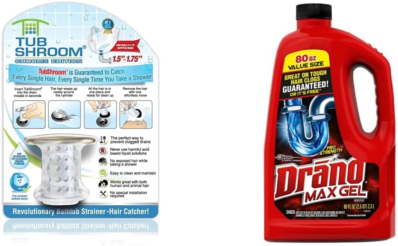 TubShroom Tub Drain Hair Catcher, Chrome & Drano Max Gel Drain Clog Remover and Cleaner for Shower or Sink Drains, Unclogs and Removes Hair, Soap Scum, Blockages, 80 oz