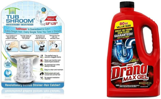 TubShroom Tub Drain Hair Catcher, Chrome & Drano Max Gel Drain Clog Remover and Cleaner for Shower or Sink Drains, Unclogs and Removes Hair, Soap Scum, Blockages, 80 oz