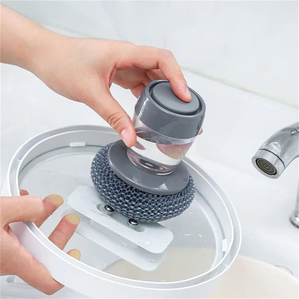 HomeSoGood 1pc Soap Dispensing Palm Steel Brush with 4 PET Replacement Brushes for Kitchen and Dish Cleaning