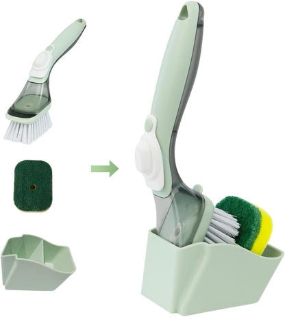 CQT Soap Dispensing Dish Brush Storage Set, Dish Scrubber with Handle, Kitchen Washing Brush for Pot Pan Sink Cleaning, Kitchen Brush with Holder and 1 Replaced Scouring Pad Head