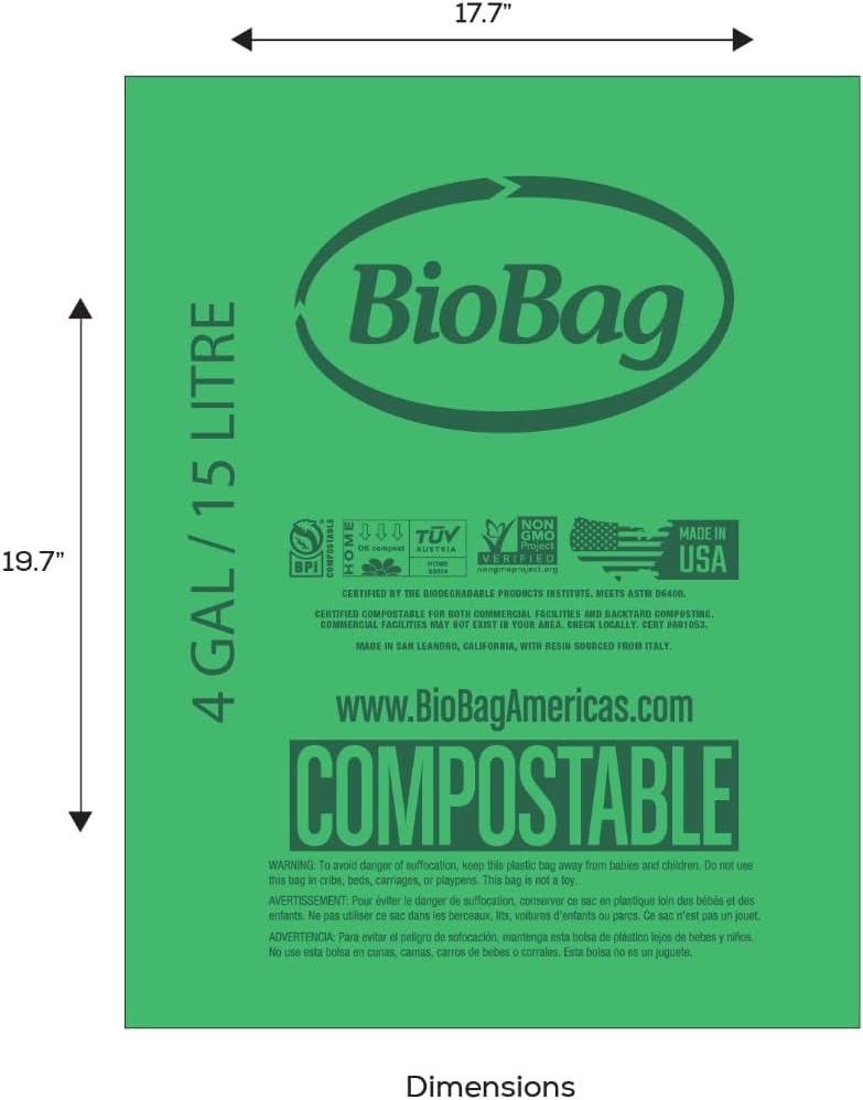 3 Gallon Compostable Food Scrap Bags by BioBag, 100 Count, BPI Certified, Meets ASTM D6400 Standards, Made in USA, Kitchen Trash Bin Liners