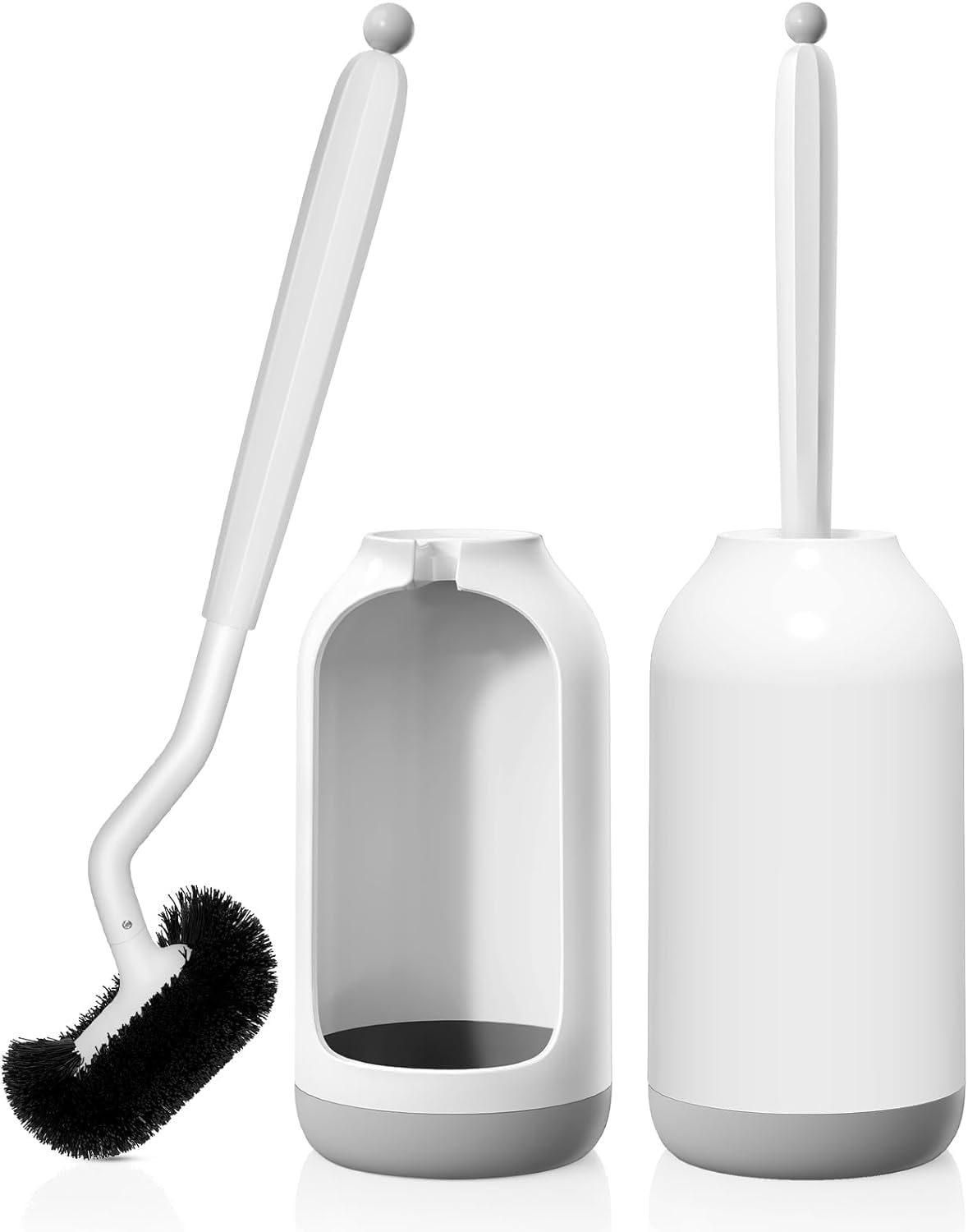 HAMITOR Toilet Bowl Brush Holder Set: Bathroom Deep Cleaning Toilet Cleaner Scrubber Under Rim with Curved Bristle for Dead Corner Clean - Hidden Rv Toilet Decorative Accessories with Caddy- White