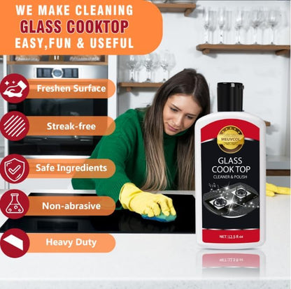 Meuvcol Glass Stove Top Cleaner Kit, 12 Oz Glass Cooktop Cleaner Non-Abrasive, Stove Oven Cleaner & Polish For Ceramic, Electric, Induction, Flat Top Stovetop, Gas - With Scrubbing Pad, Scraper, Cloth