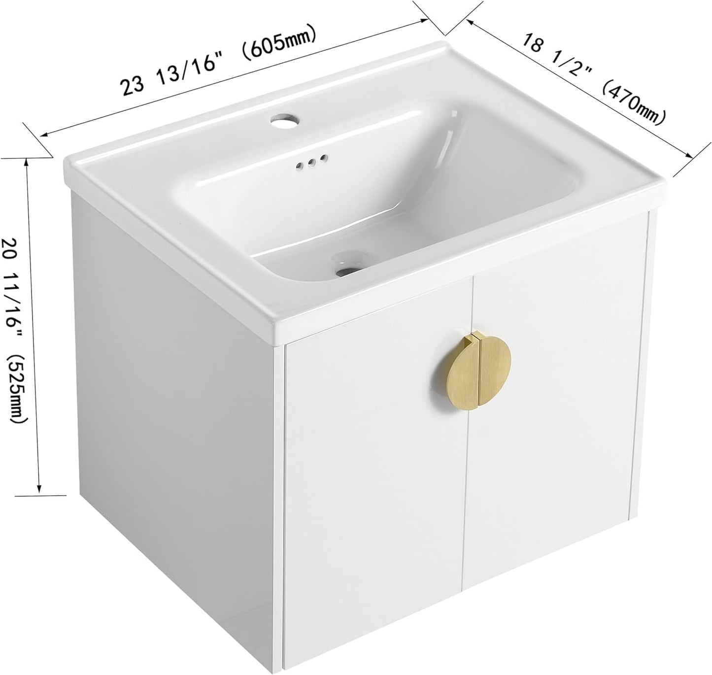 SSLine Modern 24-Inch Bathroom Vanity with Sink Wall Mounted Bathroom Vanity with Top Basin & Storage Cabinet White Wood Floating Vanity w/Ceramic Sink & Gold/Black Handles for Small Space