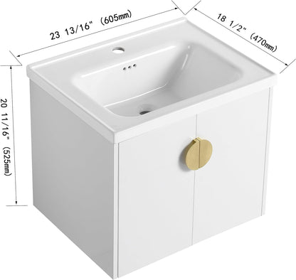 SSLine Modern 24-Inch Bathroom Vanity with Sink Wall Mounted Bathroom Vanity with Top Basin & Storage Cabinet White Wood Floating Vanity w/Ceramic Sink & Gold/Black Handles for Small Space