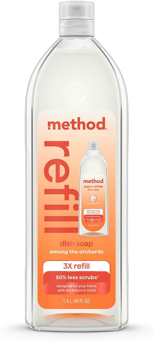 Method Super Shine Liquid Dish Soap Refill, Powered by Enzymes, Free + Clear, Unscented, 48 fl oz