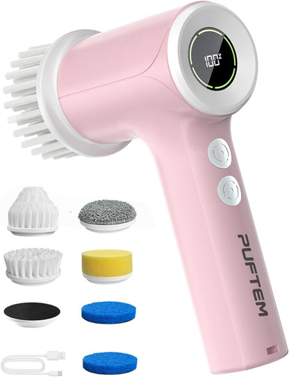 PUFTEM Upgraded Electric Spin Scrubber, Powerful Cordless Shower Scrubber with 4500mAh Large Battery & Speed Display, 6 Replaceable Brush Heads, Cleaning Brush for Bathroom Tile Tub Floor (White)