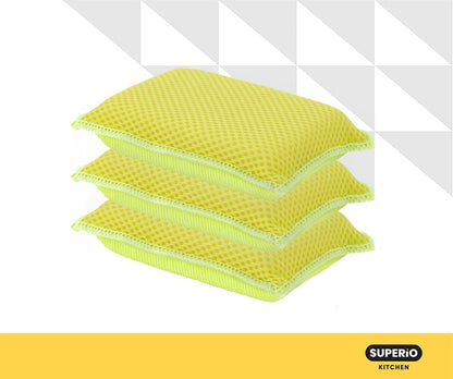 Superio Miracle Microfiber Sponges for Kitchen 3-Pack Red Yellow Blue, Kosher Non-Scratch Sponge Scrubber Heavy Duty Multi-Purpose Cleaning of Dishes, Pots, Pans and Counter tops, Machine Washable