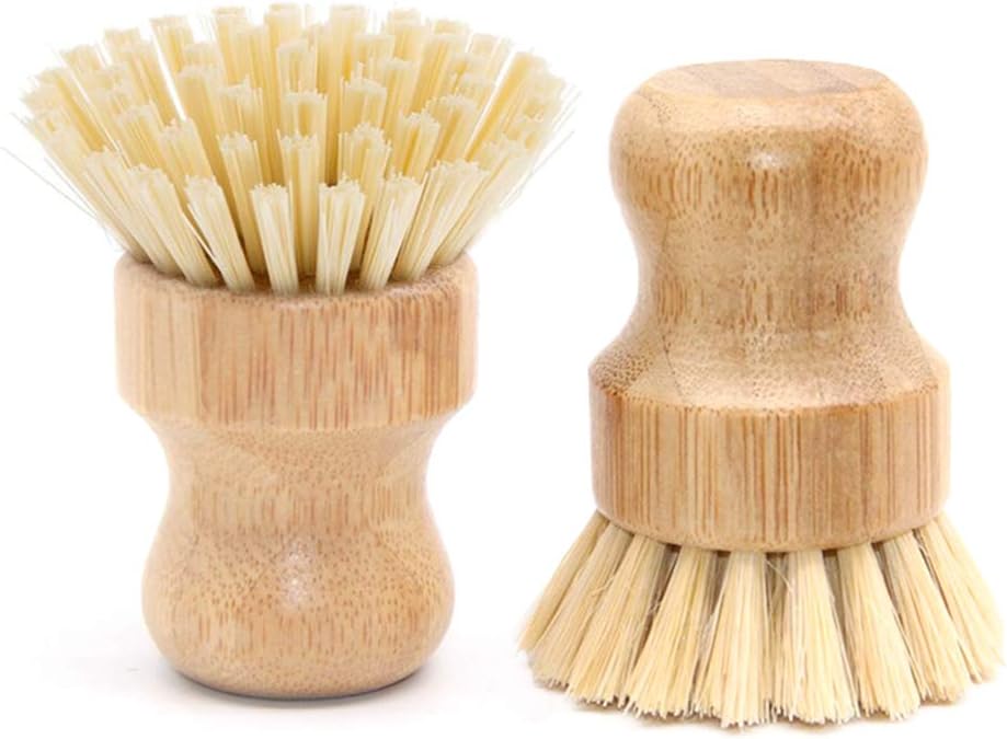 5 Pack Natural Bamboo Cleaning Brush Set, Pot Dish Scrub Brush with Handle and Flannel Bag Kitchen Brushes for Cast Iron Pots, Pans, Vegetable and Kitchen Cleaning