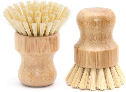 5 Pack Natural Bamboo Cleaning Brush Set, Pot Dish Scrub Brush with Handle and Flannel Bag Kitchen Brushes for Cast Iron Pots, Pans, Vegetable and Kitchen Cleaning