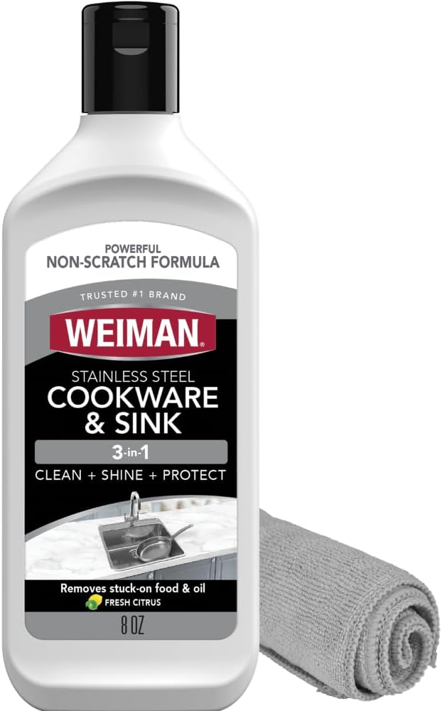 Weiman Stainless Steel Sink and Cookware Cleaner and Polish with Microfiber Cloth - 8 Ounce