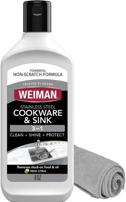Weiman Stainless Steel Sink and Cookware Cleaner and Polish with Microfiber Cloth - 8 Ounce