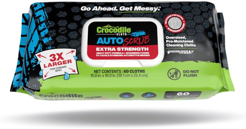 Crocodile Cloth AutoSCRUB Cleaning Wipes – 60-Count (15” x 10”) Cleaning Cloths Remove Oil, Grease, Paint, Tar, Brake Dust, Hydraulic Fluid, Silicone, Sealants & Road Grime from Tools & Hands
