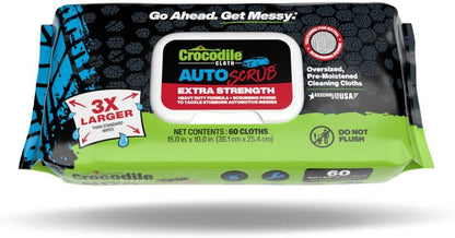 Crocodile Cloth AutoSCRUB Cleaning Wipes – 60-Count (15” x 10”) Cleaning Cloths Remove Oil, Grease, Paint, Tar, Brake Dust, Hydraulic Fluid, Silicone, Sealants & Road Grime from Tools & Hands
