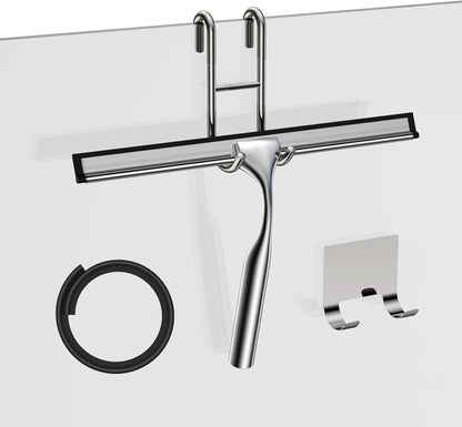 Stainless Steel Squeegee for Shower Glass Doors, 10-Inch All-Purpose Squeegee with Replacement Blade and Matching Hooks Holder, Silver