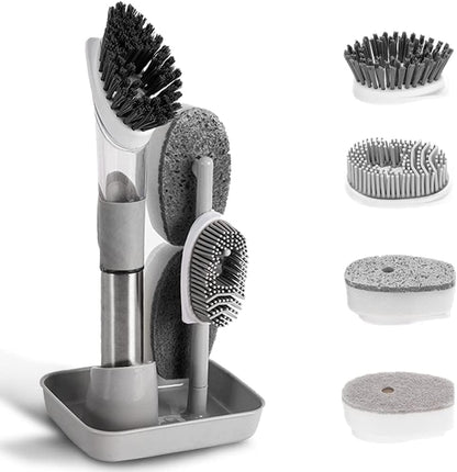 4-in-1 Dish Cleaning Brush Soap Dispensing Dish Brush Set with 4 Replacement Heads and Storage Holder, Kitchen Scrub Brush for Dish Pot Pan Sink Cleaning (Grey)