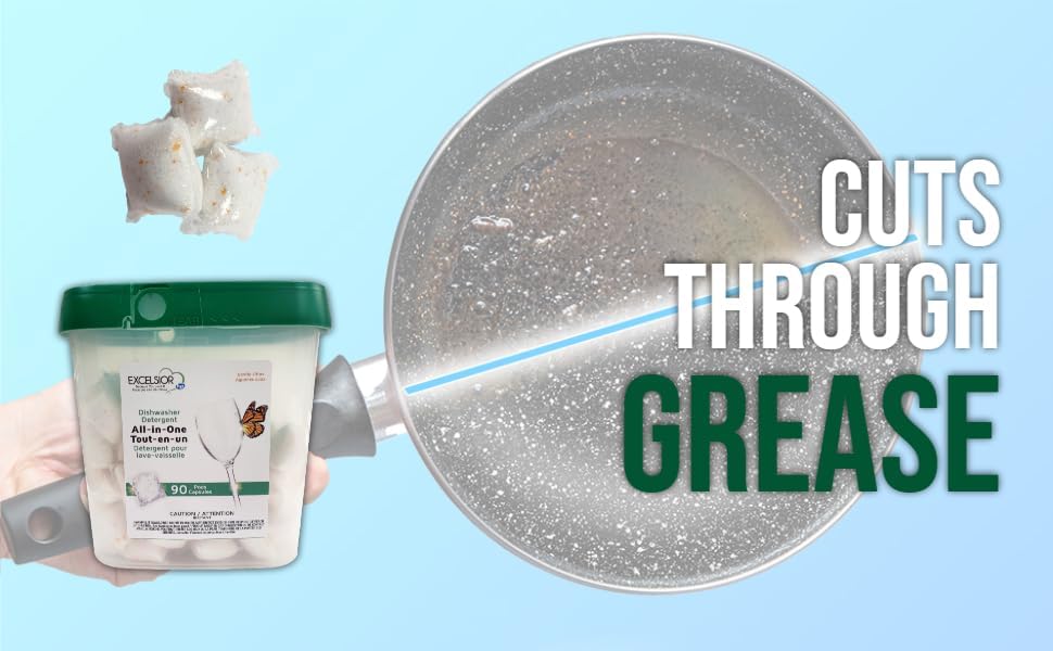 Excelsior HE All-In-One Dishwasher Detergent Pods includes 90 Dishwasher pods with built-in rinse aid for an amazing shine & leaving a gentle citrus scent