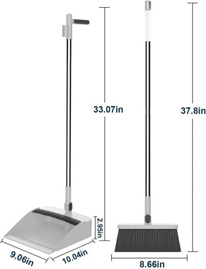 2-in-1 Broom with Dustpan Combo Set,Long Handle Broom Dustpan Combo with Dustpan Teeth to Automatically Clean Hair for Home, Indoor or Outdoor Cleaning Hall Floor (Gray)