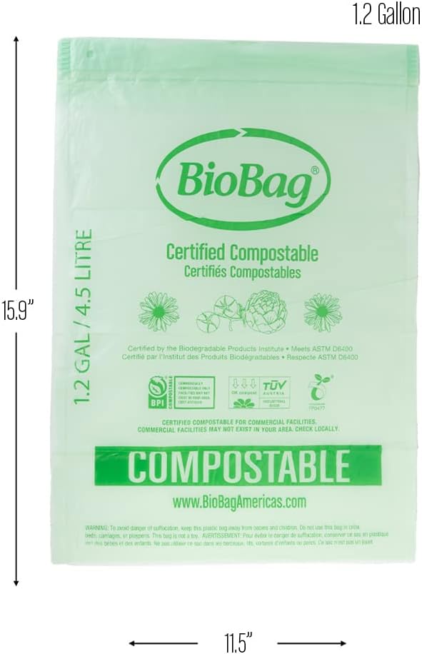 3 Gallon Compostable Food Scrap Bags by BioBag, 100 Count, BPI Certified, Meets ASTM D6400 Standards, Made in USA, Kitchen Trash Bin Liners