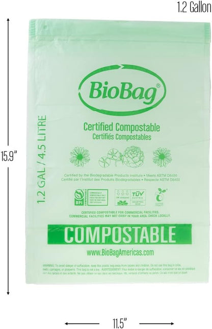 3 Gallon Compostable Food Scrap Bags by BioBag, 100 Count, BPI Certified, Meets ASTM D6400 Standards, Made in USA, Kitchen Trash Bin Liners