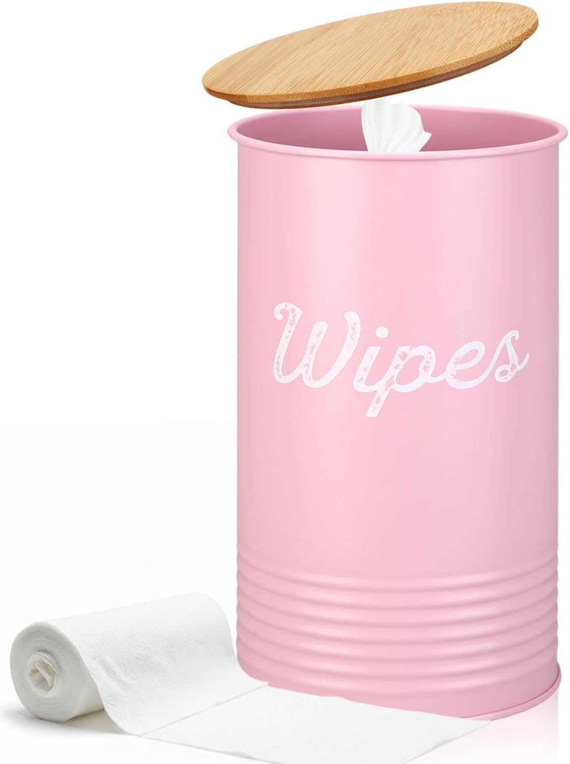 Wipe Holder with Bamboo Lid for Kitchen Disinfectant Wipes Dispenser Farmhouse Countertop Sanitizing Wipe Metal Storage Container Organizer Caddy Bathroom Office up to 80 Cont(Pink)