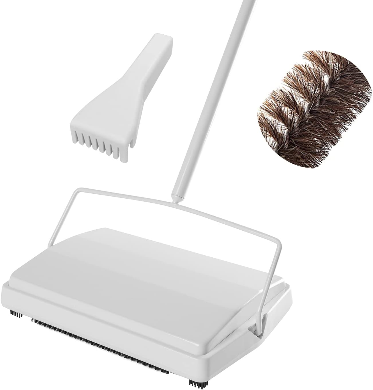 JEHONN Carpet Floor Sweeper Manual with Horsehair, Non Electric Quite Rug Roller Brush Push for Cleaning Pet Hair, Loose Debris, Lint (Black)