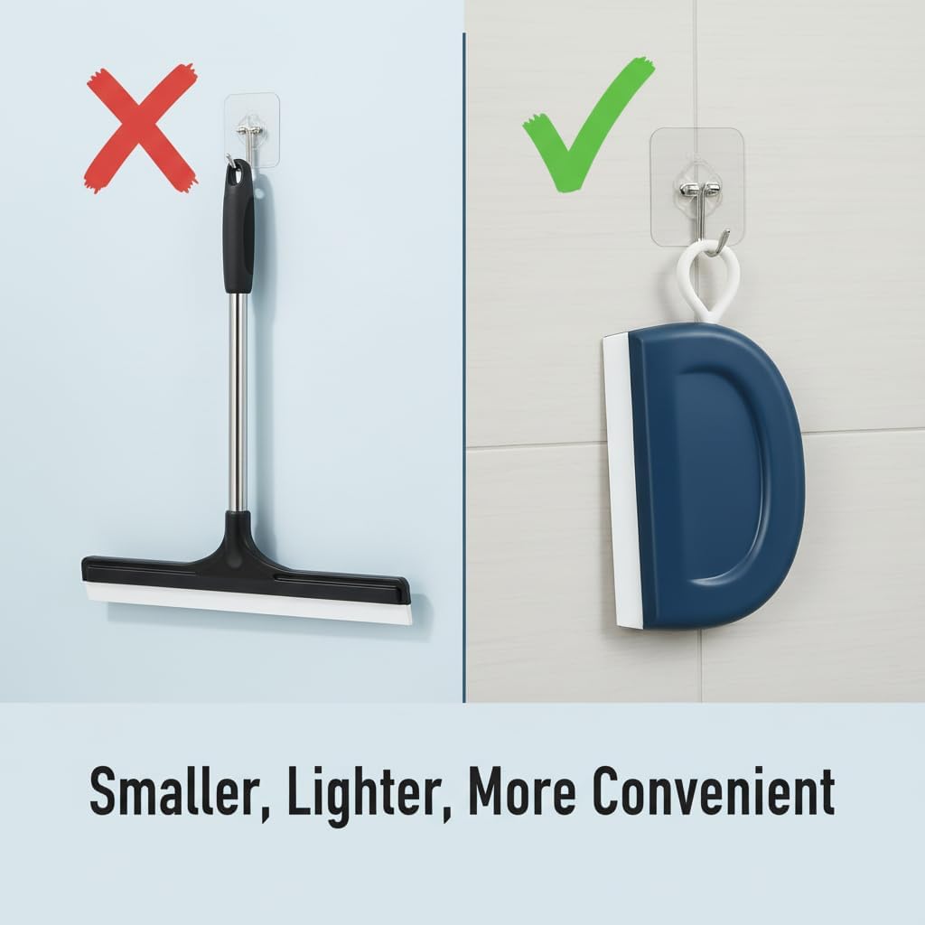 2 Pack 4.25 Inch Small Squeegee, All-Purpose Shower Mirror Squeegee with 2 Adhesive Hooks, Streak-Free Silicone Blade for Bathroom Mirror Kitchen Car RV, Blue & White