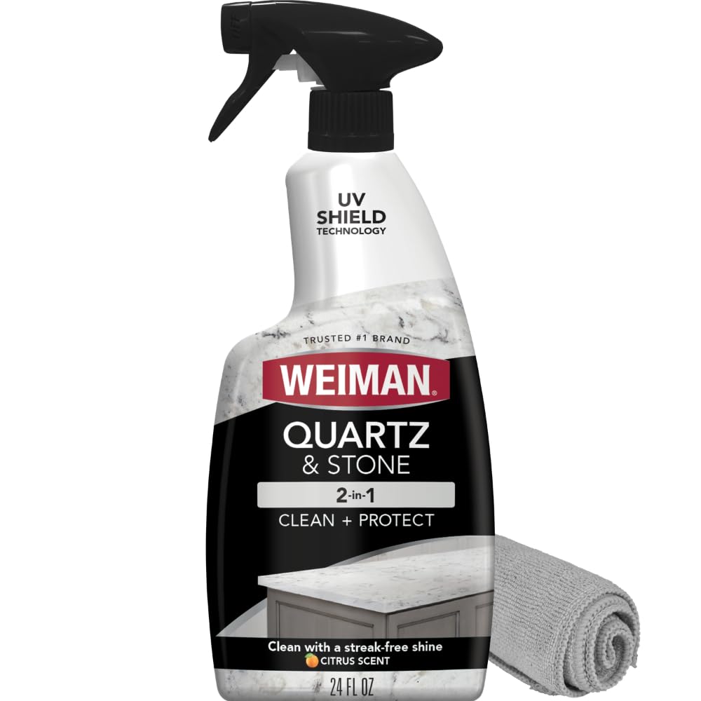 Weiman Quartz Countertop Cleaner and Polish - Clean and Shine Your Granite, Marble Countertops, Kitchen Island, and Stone Surfaces with UV Anti-Fade Protection, Citrus, 24 Ounce with Microfiber Cloth