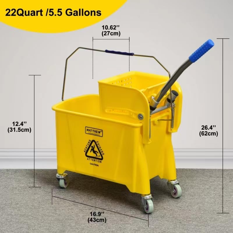 Matthew Cleaning 34 Quart Commercial Mop Bucket INCL.Wet String Mop with Side Press Wringer On Wheels,Heavy Duty Tandem Portable Floor Cleaning Wavebrake,Ideal for Household,Industrial,Restaurant