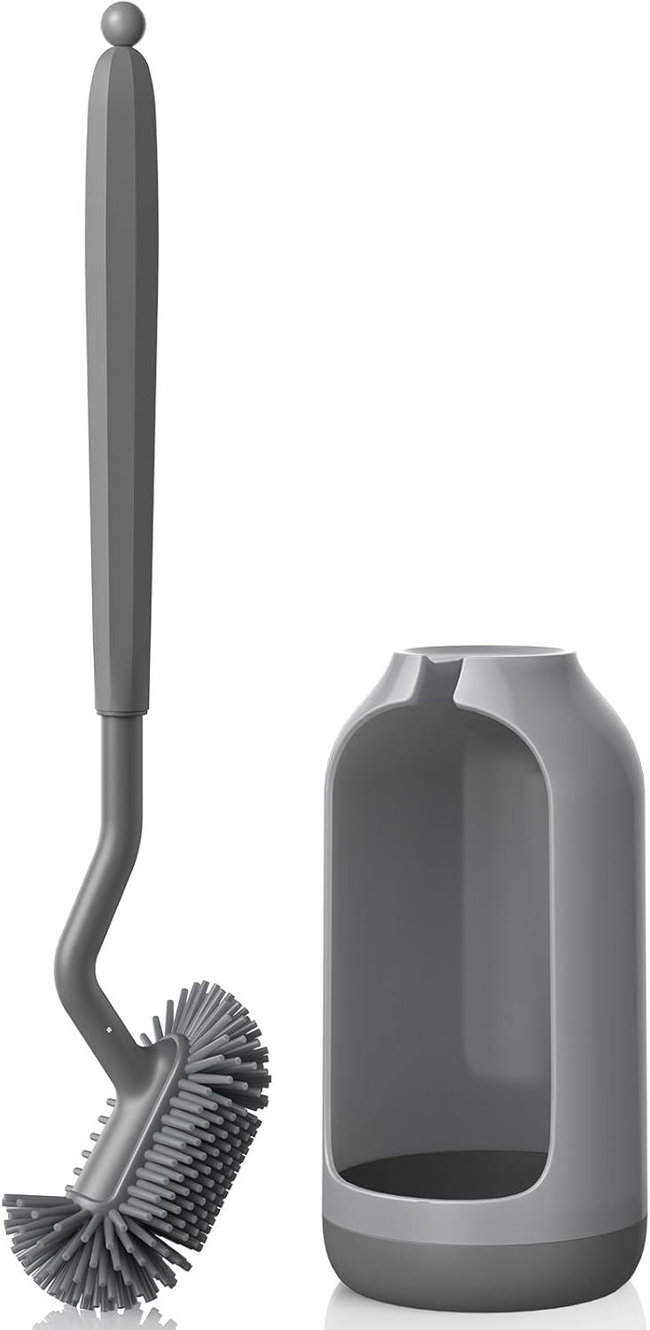 HAMITOR Toilet Bowl Brush Holder Set: Deep Cleaning Silicone Toilet Cleaner Scrubber Under Rim with Curved Bristle for Bathroom Dead Corner Clean - Modern Rv Toilet Decorative Accessories - Gray