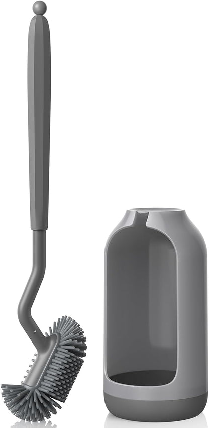 HAMITOR Toilet Bowl Brush Holder Set: Deep Cleaning Silicone Toilet Cleaner Scrubber Under Rim with Curved Bristle for Bathroom Dead Corner Clean - Modern Rv Toilet Decorative Accessories - Gray