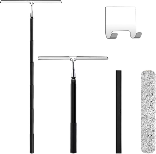 Squeegee for Shower Glass,Shower Squeegee for Glass Doors,Telescopic Window Squeegee for High Windows,Includes Towel Sleeves,Replacement Silicone Blade&Hooks,2 in 1 Queegee for Window Cleaning Kit