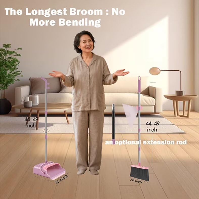 Broom and Dustpan Set with Long Handle - Upright Dustpan & 3 Rows Dense Bristles, Ideal for Home, Office, Kitchen, Lobby, Shop, All-Purpose Indoor & Outdoor Sweeping,Gray&Yellow