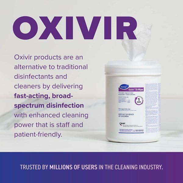 Oxivir Diversey Tb 5388471 Ready-to-Use Disinfectant Cleaning Wipes, Accelerated Hydrogen Peroxide, Large 7x8-Inch Sheets, 60-Wipes, 1-Slim Canister