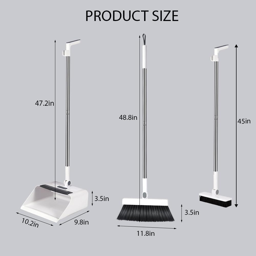 Upgrade Broom with Dustpan Combo Set，Long Handle Self-Cleaning Dust Pan and Brush Set 4-Row Dense Bristles，Indoor Broom Set (White)