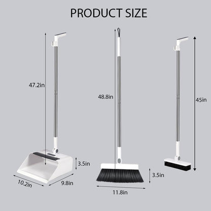 Upgrade Broom with Dustpan Combo Set，Long Handle Self-Cleaning Dust Pan and Brush Set 4-Row Dense Bristles，Indoor Broom Set (White)