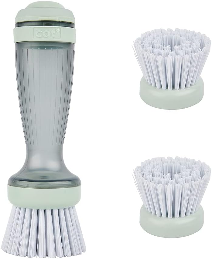 CQT Dish Brush with Soap Dispenser – One-Press Suds, Built-in Scrubbing Pad, Non-Slip Handle for Pots, Pans & Non-Stick Cookware – Includes 2 Refill Heads