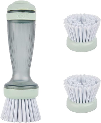CQT Dish Brush with Soap Dispenser – One-Press Suds, Built-in Scrubbing Pad, Non-Slip Handle for Pots, Pans & Non-Stick Cookware – Includes 2 Refill Heads